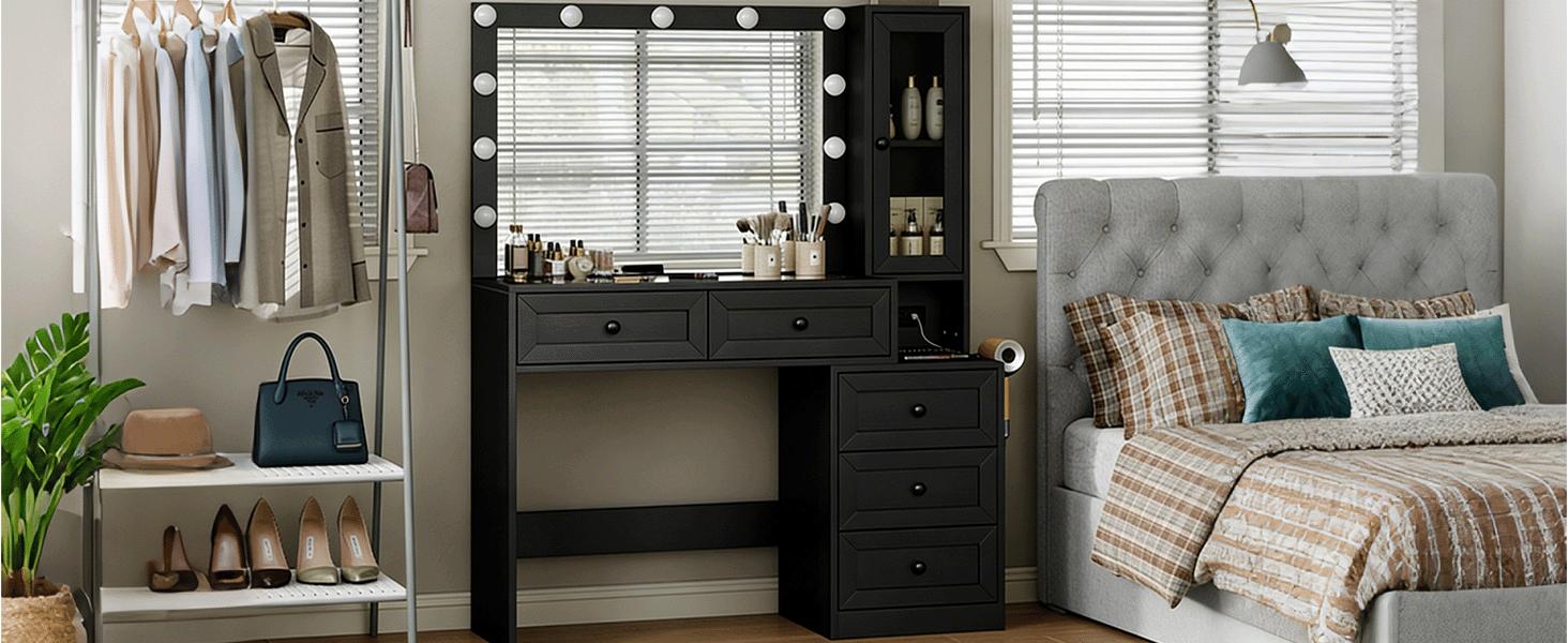 CollaredEagle 43" W Vanity Desk with Mirror & 11 Lights, 5 Drawer Modern Makeup Desk with Glass top  3 Lighting Modes Brightness Adjustable,,Vanity Table with Power Outlet.