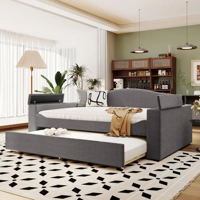 Full Size Teddy Fleece Upholstered Daybed with Trundle, Storage Armrests, and Integrated Bluetooth Audio System, Platform Bed with Slats, No Box Spring Needed