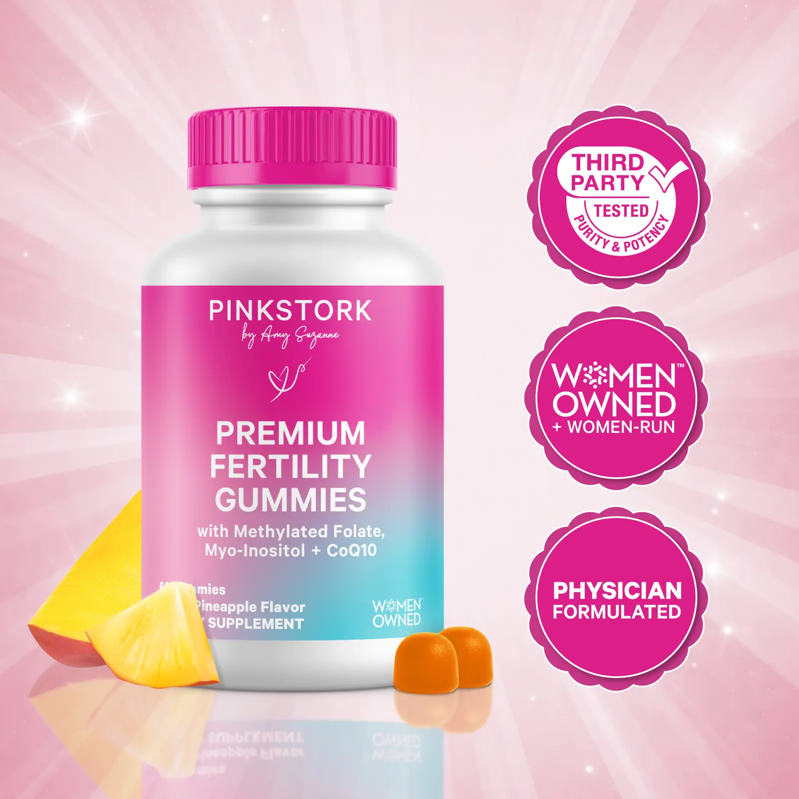 Pink Stork Fertility Gummies | Hormone Support for Women with CoQ10, Inositol, Vitamin D3, Methylated Folate | TTC Support Multivitamin - Vegan, Gluten-Free, Made in USA, Women-Owned Optimum Conception Support, Chewable Vitamins