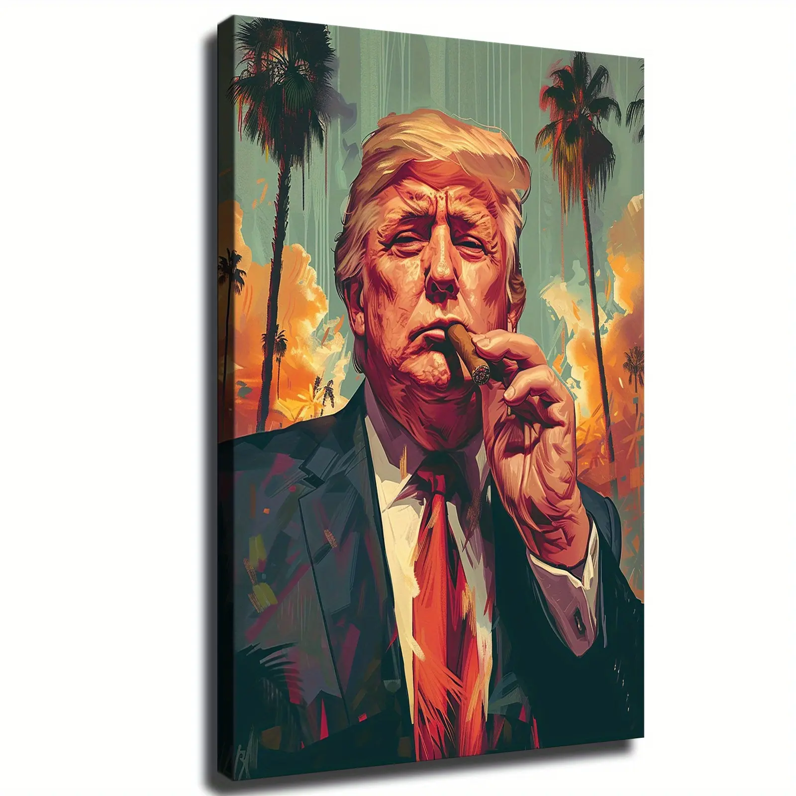 Decorative Wooden Frame Canvas Wall Art - Donald Trump Cigar Portrait, 12*18 inches (30*45cm) with Frame, Ready to Hang, Love-Themed Mixed Color Wood Home Decor Gift Idea
