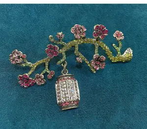 New plum blossom brooch, vintage rhinestone flower branch and lantern-shaped pin, Plants, Female