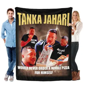 Tanka Jahari Pizza Meme Throw Blanket - Black Background Soft Fleece, Viral Internet Humor, Cozy Couch Blanket, Gift for Meme Culture Enthusiasts