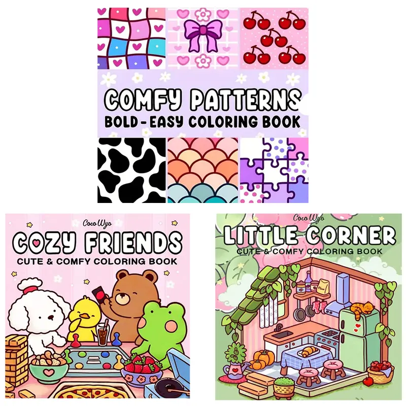 3PCS Coloring Book for Adults and Teens, Super Cute Designs, Hygge Spaces for Relaxation