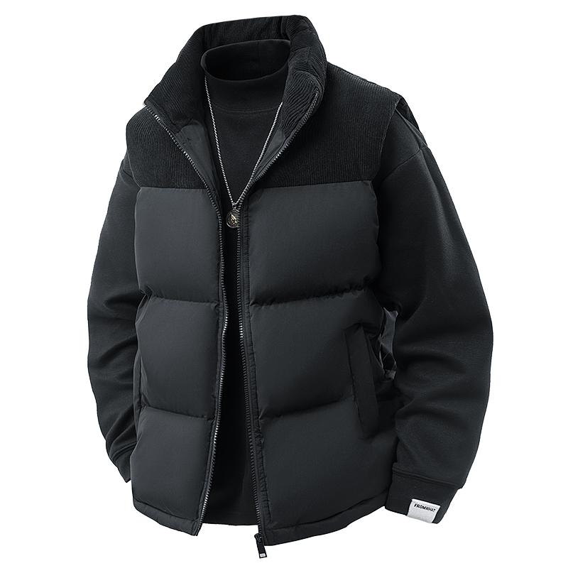 Men's Colorblock Corduroy & Fleece Quilted Fitted Gilet with Detachable Cap - Warm Casual Menswear Waistcoat for New Year, Versatile Outerwear