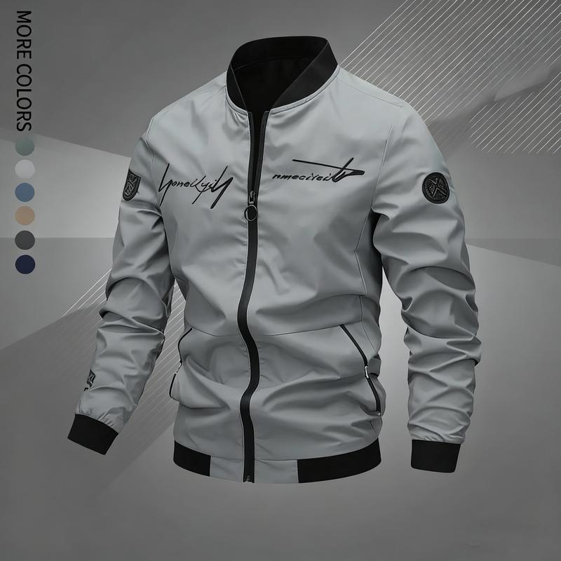 Men's Letter Embroidered Pilot Jacket, Casual Coat, Four-Season Fashionable Outerwear, Suitable for Daily, Home, Outdoor, Work Settings