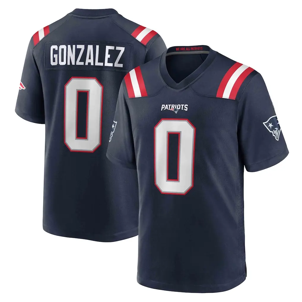 Full Print Gonzalez #0 Football Jersey, New England Navy White American Football Jersey, V Neck Short Sleeve Athletic Shirt, Breathable Game Day Football Top, Football Season Fan Apparel, Player Name Number Jersey, Unisex Sportswear