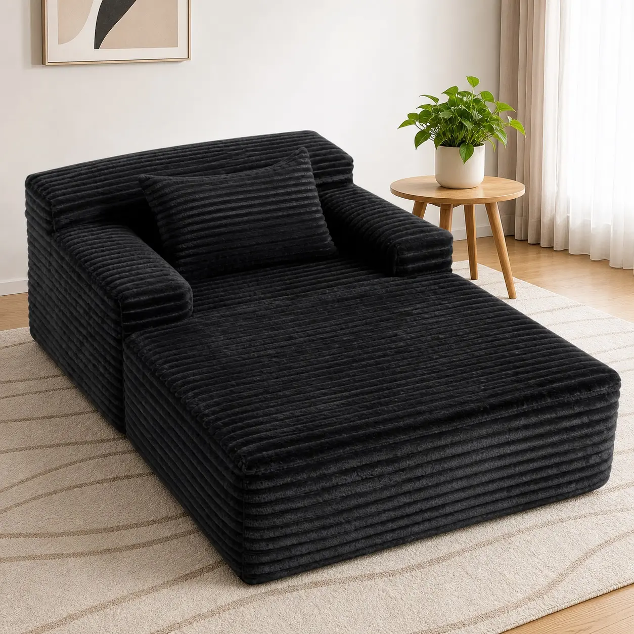 46 Black Lazy Sofa Bed, Corduroy Deep Seat Chaise Lounge, Boneless Cloud Armrest Single Chair For Living Room Bedroom Reading Nap, Easy Setup