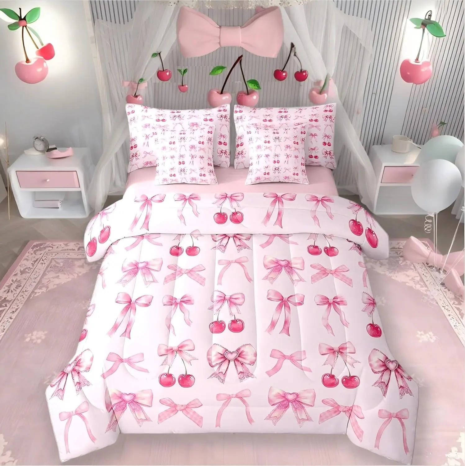 Feelyou 7-Piece Pink Cherry Bow Bed Comforter Set - Soft with Silk Ribbon Bowknot, Kawaii Princess-Themed for Girls, All-In-1 Bed-In-A-Bag with Bedsheet Sets, Girl Room Decor Essential, Back to School Item