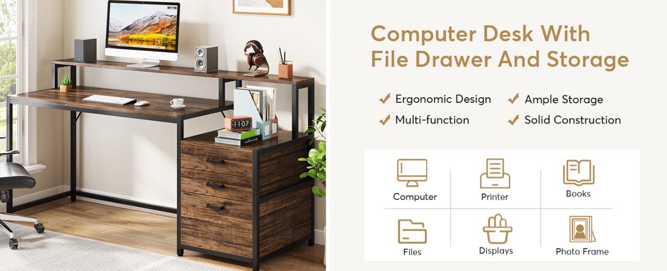 Tribesigns 63 Inch Computer Desk with File Drawer Cabinet, Ergonomic Office Desk with Monitor Stand and Ample Storage, Industrial Computer Table with Printer Space, for Home Office, Study, and Gaming