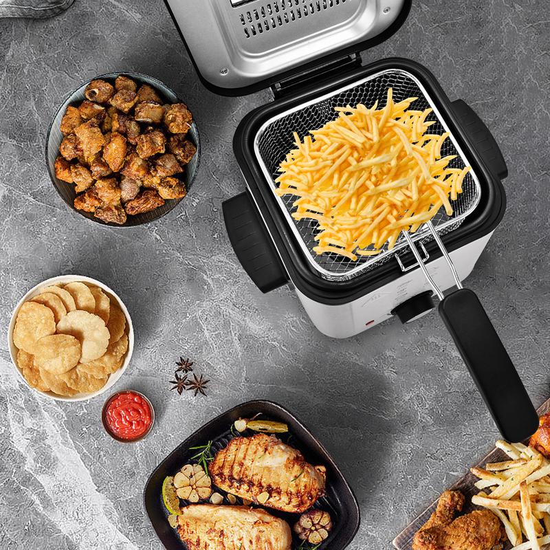 SUSTEAS Deep Fryer with Basket 1500W Electric Fryer 2.5L/1.5L Non-Stick Inner Pot Temperature Control Removable Lid Easy Clean Cooker for Small Households