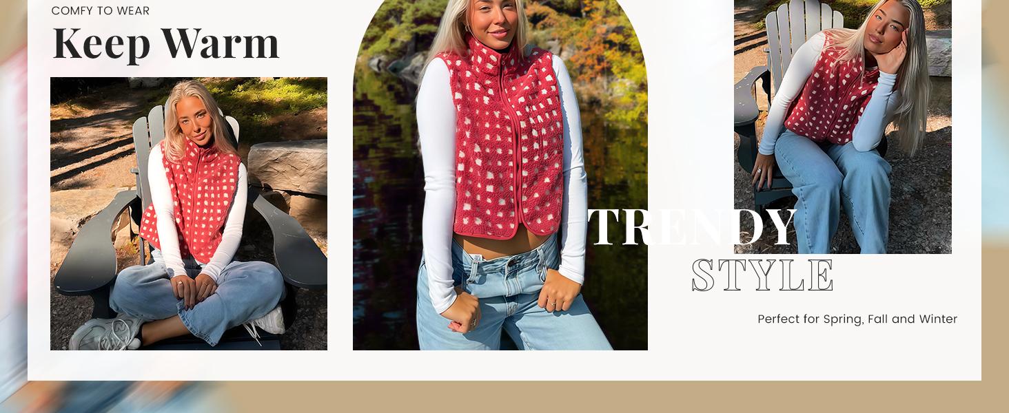 UANEO Women's Checkered Sherpa Vest Fleece Jacket Lightweight Zip Up Sleeveless Crochet Plaid Gilet with Chest Pocket Casual Layering Womenswear Tops