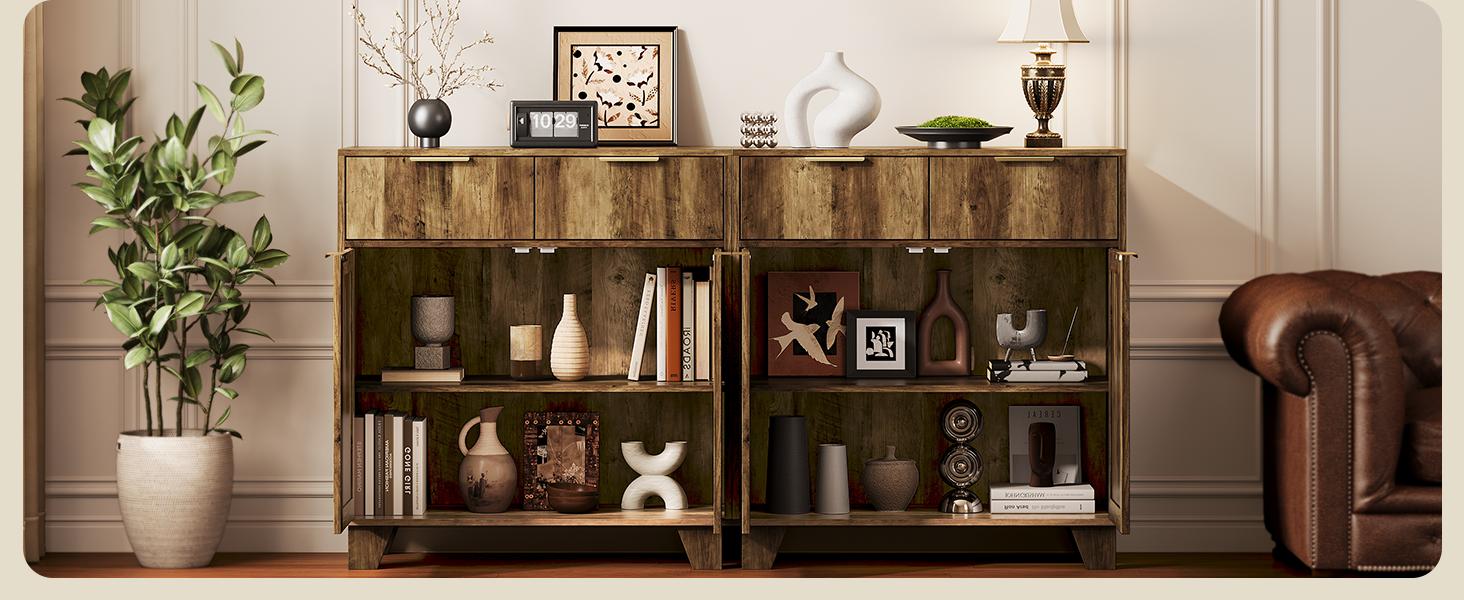 【SPOTLIGHT DAY】ONBRILL Sideboard Buffet Cabinet with 2 Drawers, Coffee Bar Cabinets with 2 Doors, Boho Farmhouse Accent Credenza Buffet Table Console Cabinet with Adjustable Shelves for Living Room, Entryway