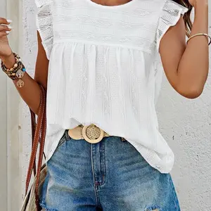 PRETTYGARDEN Women's Summer Cute Tank Top Crewneck Ruffle Sleeveless Hollow Out Eyelet Lace Spring Blouse Shirts