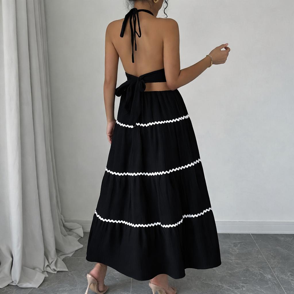 Florboom Women's Halter Neck Backless Maxi Dress Boho Tiered Ruffle Summer Beach Vacation Long Dress