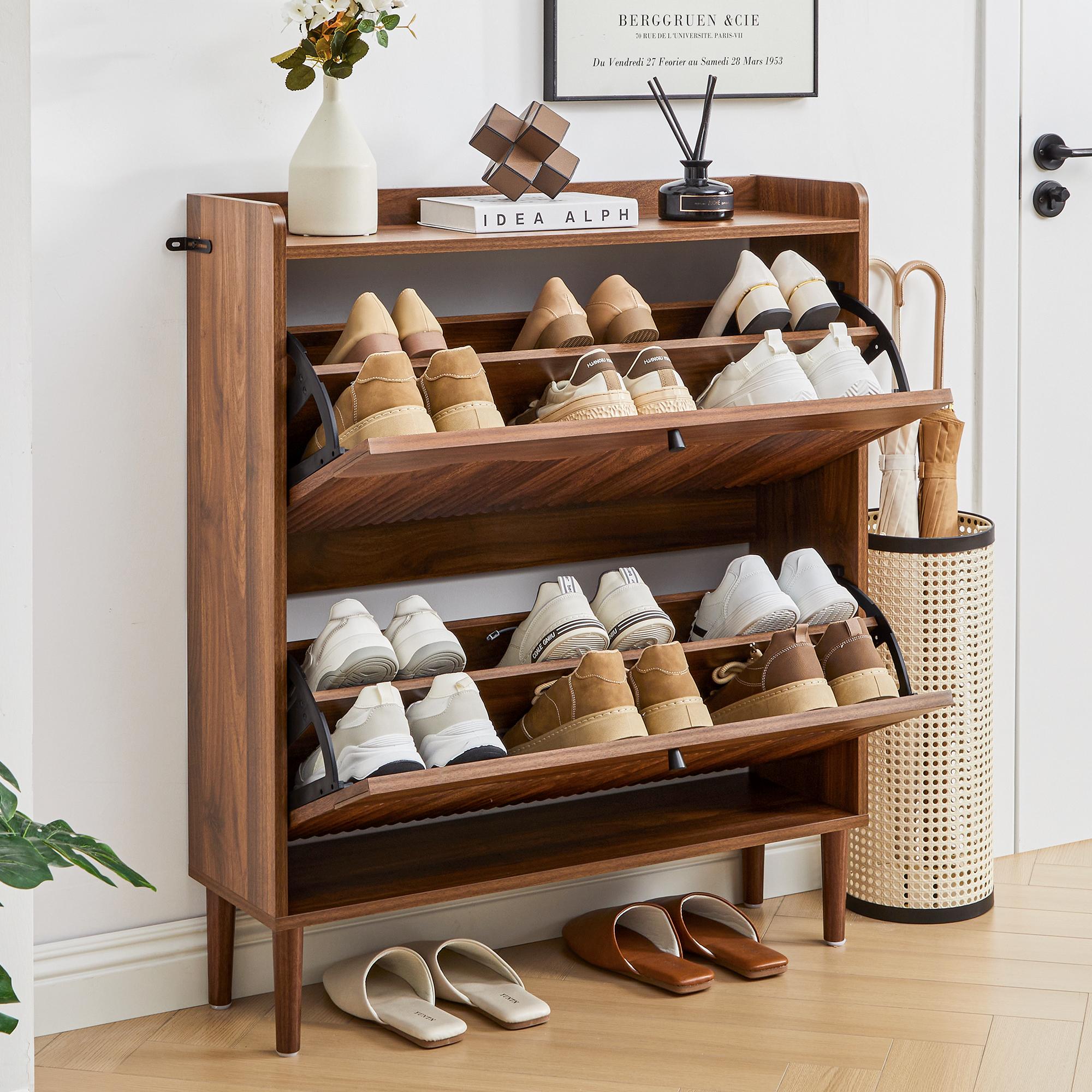 Giratree Wooden Fluted Shoe Cabinet with 2/3/4 Flip Drawers, Stylish Narrow Shoe Storage Organizer with Wave Design, Freestanding Entryway Shoe Rack for Hallway, Living Room Giratree Wooden Fluted Shoe Cabinet with 2/3/4 Flip Drawers, Stylish Narrow Shoe Storage Organizer with Wave Design, Freestanding Entryway Shoe Rack for Hallway, Living Room