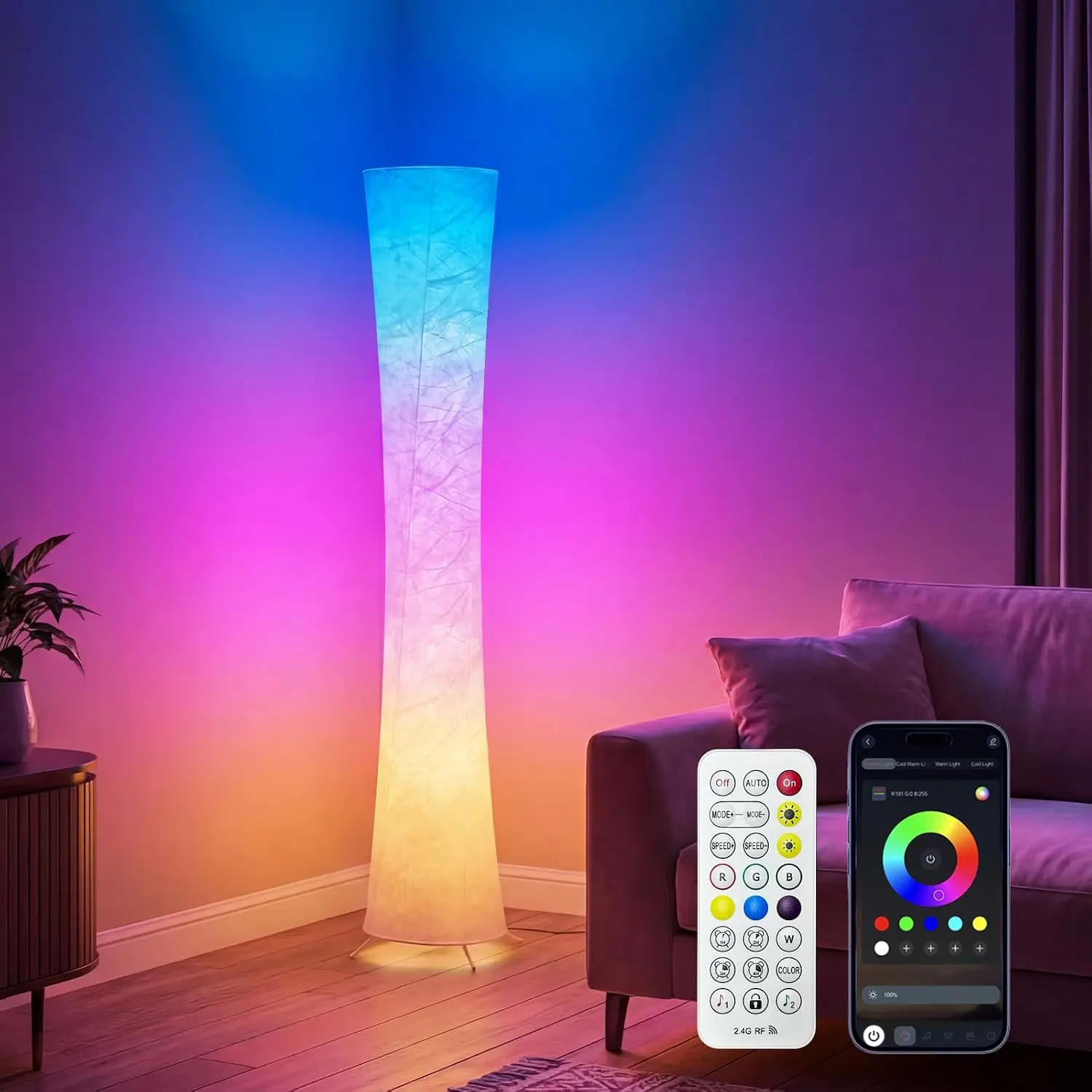 ISUNMEA 61in RGB LED Modern Hourglass Round Floor Lamp - Smart Corner Light with App Control, Remote, 16M DIY Colors, Music Sync, Tyvek Fabric for Living Room, Bedroom Indoor Use