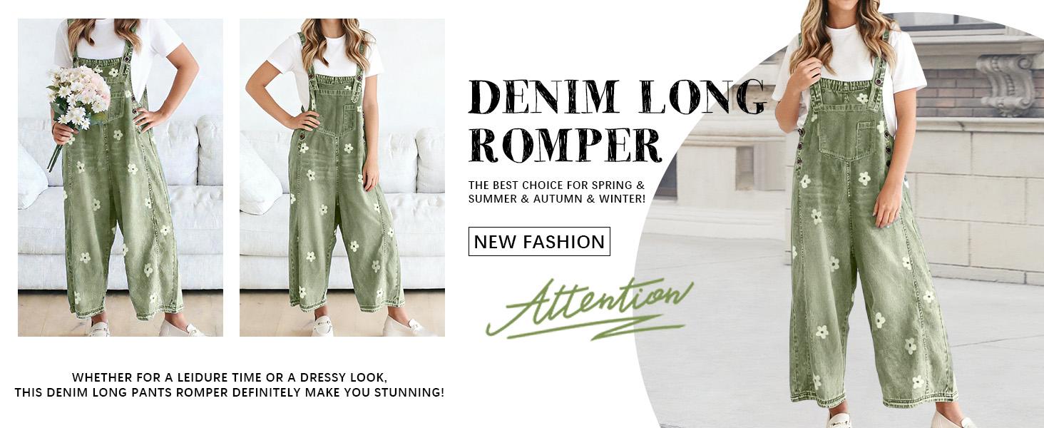 utcoco Women Floral Printed Adjustable Strap Denim Bib Overall Wide Leg Jeans Casual Baggy Overalls Jumpsuit