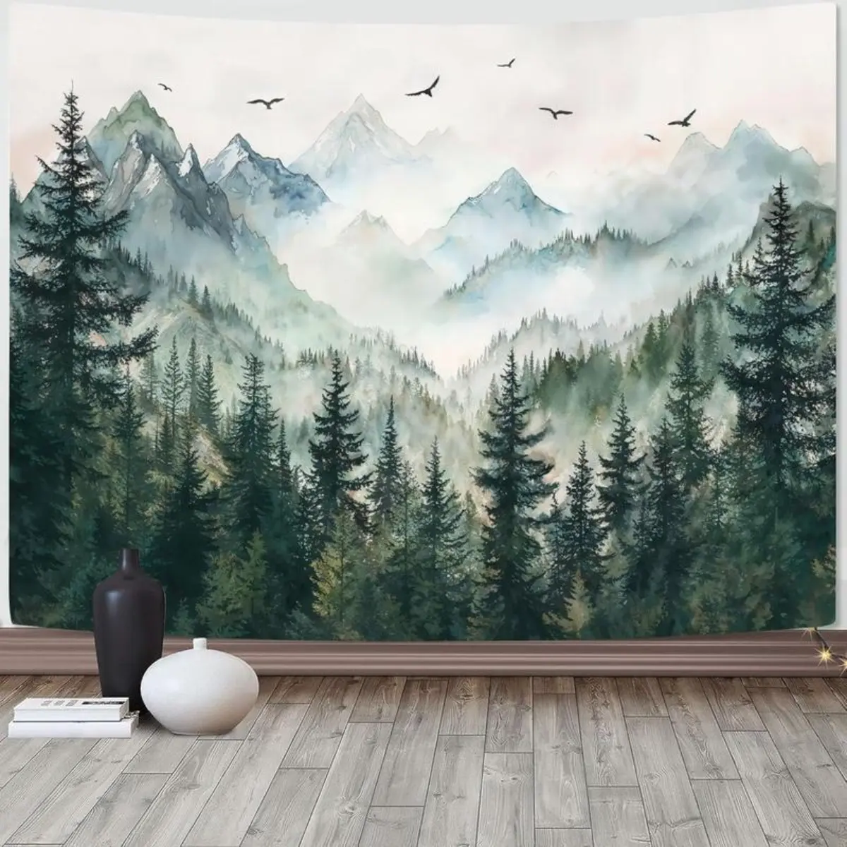 Misty Forest Mountain Tapestry Sage Green Nature Pine Tree Tapestry for Bedroom Aesthetic Watercolor Foggy Woodlands Birds Landscape Tapestries Wall Hanging for Living Room Dorm Decor Retro Swiss