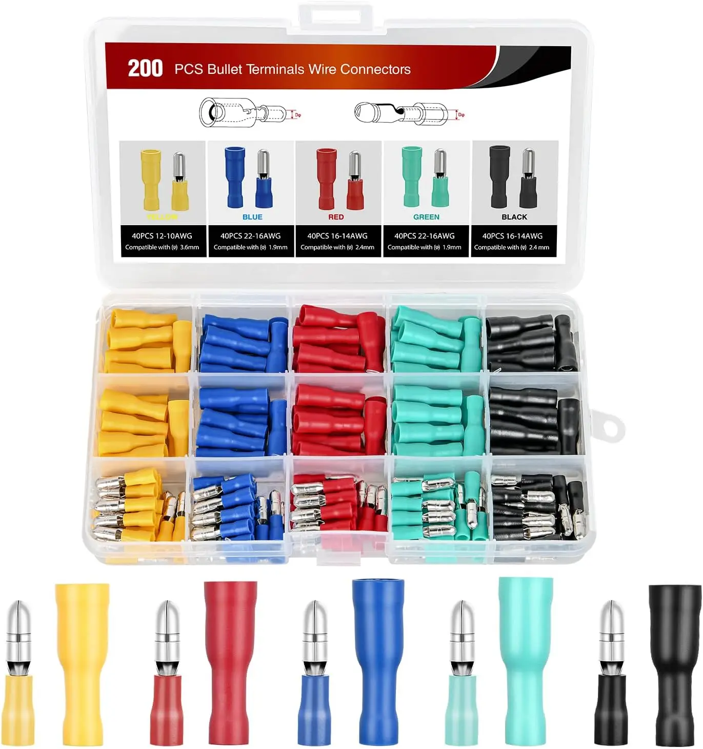 Nilight 200PCS Bullet Terminals Wire Connectors Kit - AWG 22-10 Female & Male, Insulated Waterproof, Durable Reliable, Quick Connect, Universal for Automotive Marine Electrical Wiring (Father's Day Gift), Durable Reliable Connectors, Quick Connect Connect