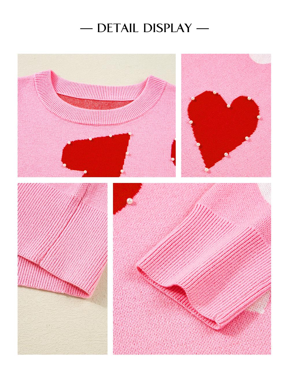 Asvivid Women's Faux Pearl Embellished Heart Pattern Valentines Day Sweater Tops Long Sleeve Pink Knitwear for Casual Wear Womenswear