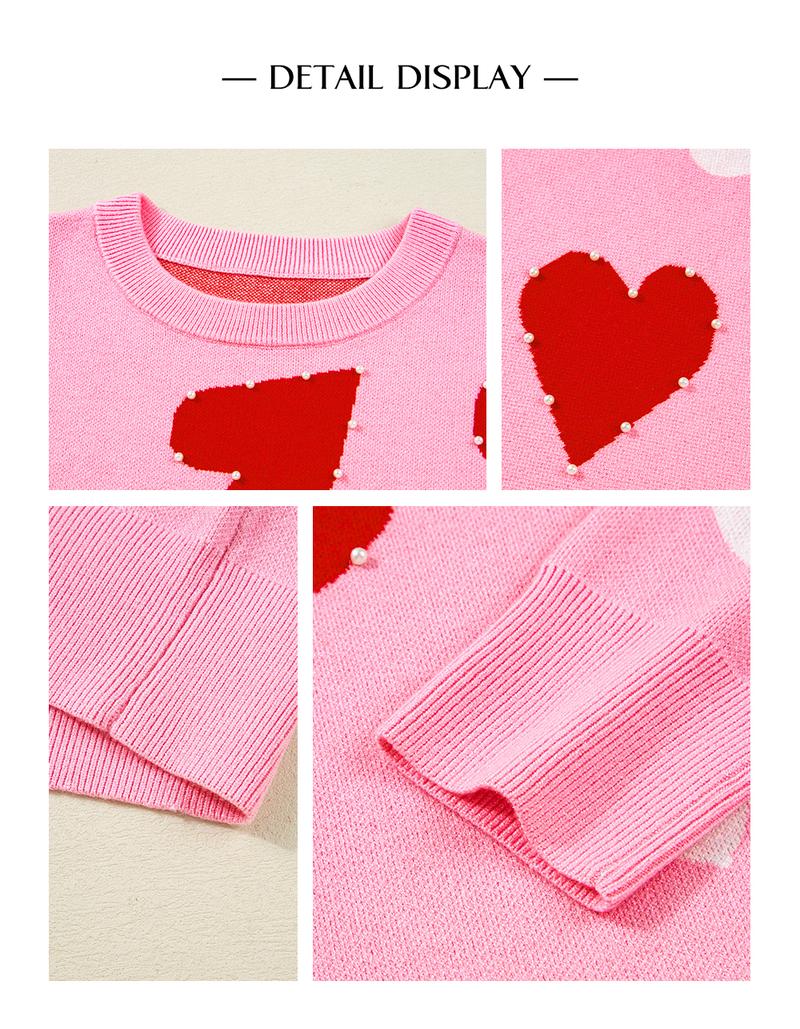 Asvivid Women's Faux Pearl Embellished Heart Pattern Valentines Day Sweater Tops Long Sleeve Pink Knitwear for Casual Wear Womenswear