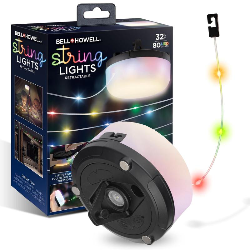 32' Holiday String Lights - Retractable USB-C Rechargeable , 80 LED Color-Changing, Magnetic Base, Flashlight, Built-in Hook, IP65 Water-Resistant for Camping, Indoor & Outdoor Use