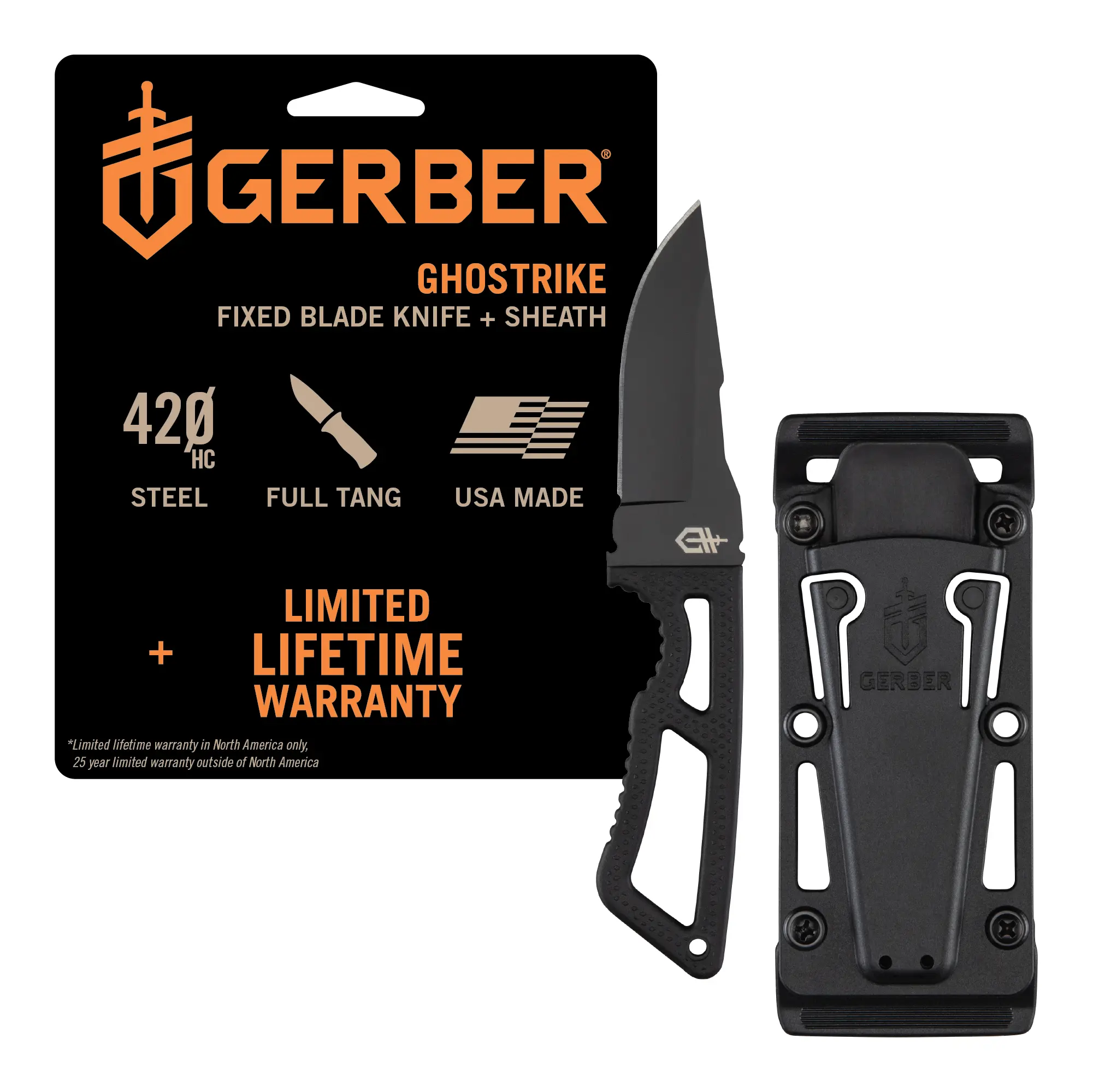 Gerber Ghostrike Full Tang Fixed Blade Knife for Adults - 3.3" Non-Slip Peeling-Resistant Ceramic Coated Steel Blade, Diamond-Texture Rubber Grip, Modular Sheath for Tactical EDC Carry, Camping Gear | Sports & Outdoor Knives & Tools