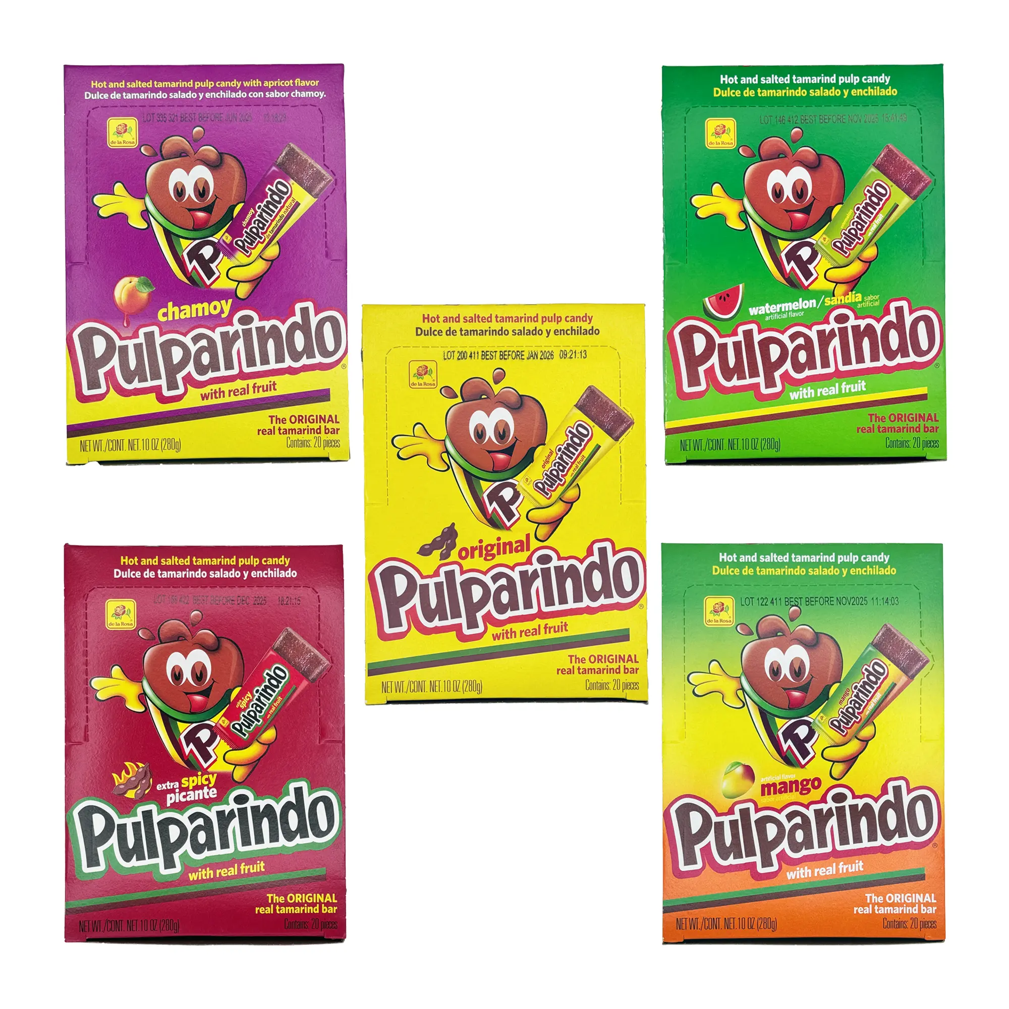 De La Rosa Pulparindo 20 Count – Original Tamarindo, Extra Spicy, Mango, Watermelon, or Chamoy Mexican Candy, Dulces Mexicanos, Sweet, Spicy, Soft Snack