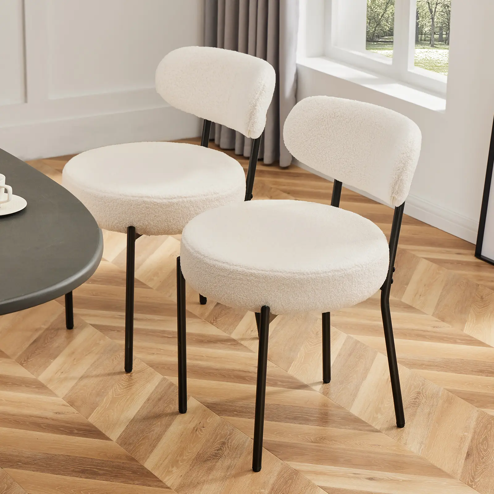 Set of 2 Dining Chairs Boucle Upholstered Kitchen Chairs with Curved Backrest & Metal Legs-Mid Century Modern Round Dining Room Chairs,dorm essentials,home decor