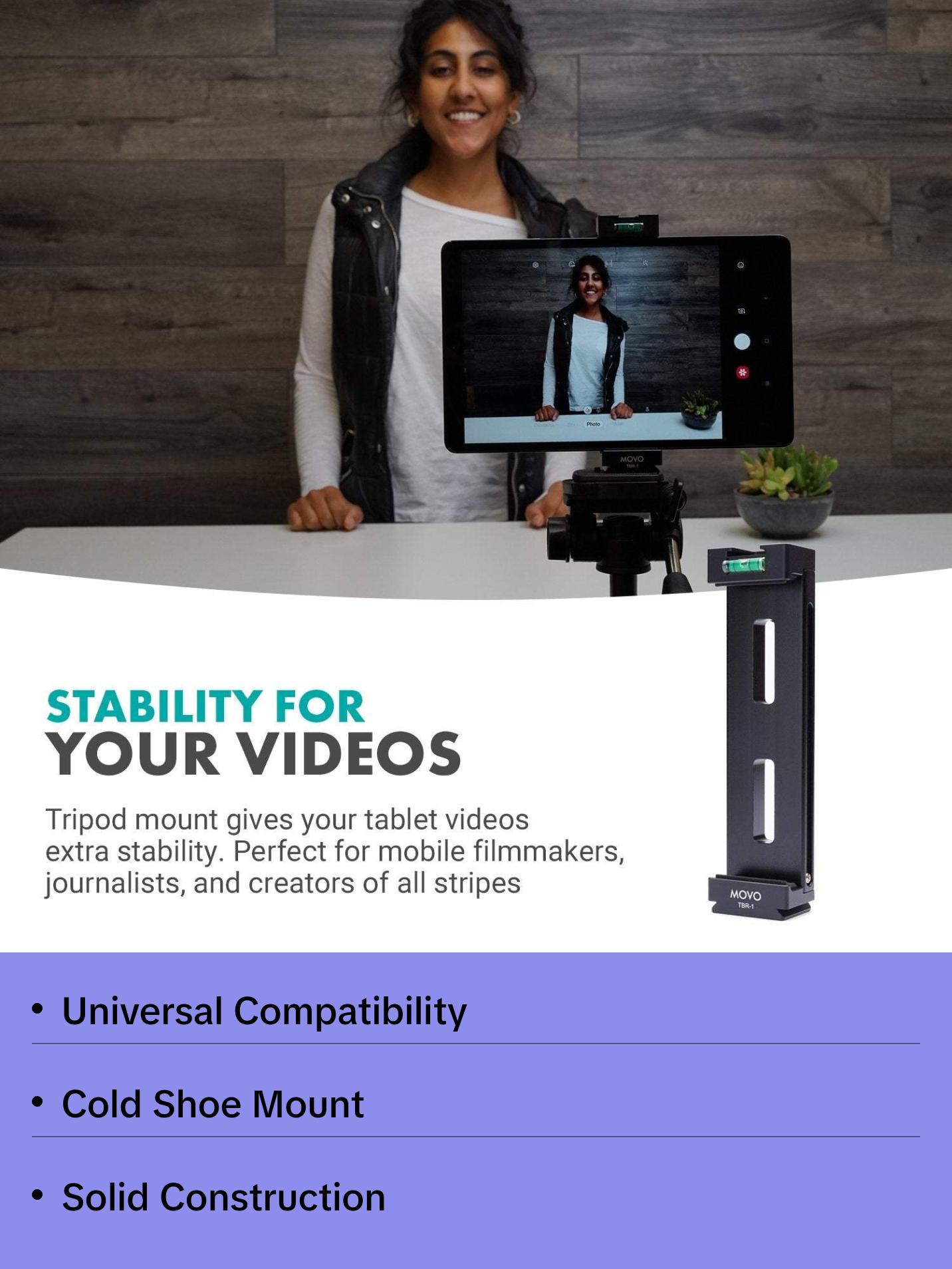 Movo - TBR-1 Universal Tablet Tripod Mount with Cold Shoe for Mini Microphone, Aluminum, Compatible with iPad, Samsung Galaxy, Android Tablets
