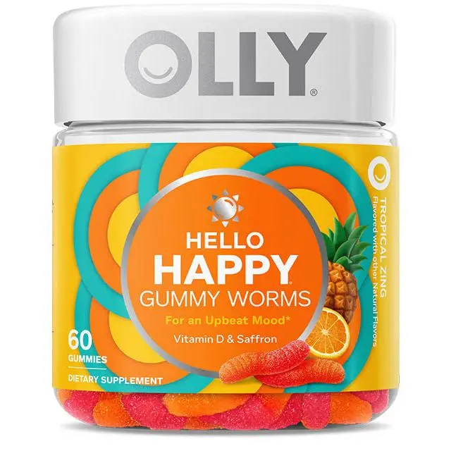 OLLY Hello Happy Gummy Worms Adult Chewable Supplement with Saffron Extract & Vitamin D, Tropical Zing Flavor, 60 Gummies