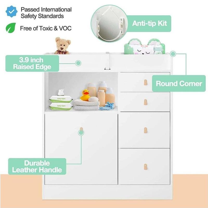 FUFU&GAGA Modern Nursery Dresser Chest with 5 Drawers, 2 Open Shelves & Guard Table Top, Wood Dresser Storage Chest of Drawers