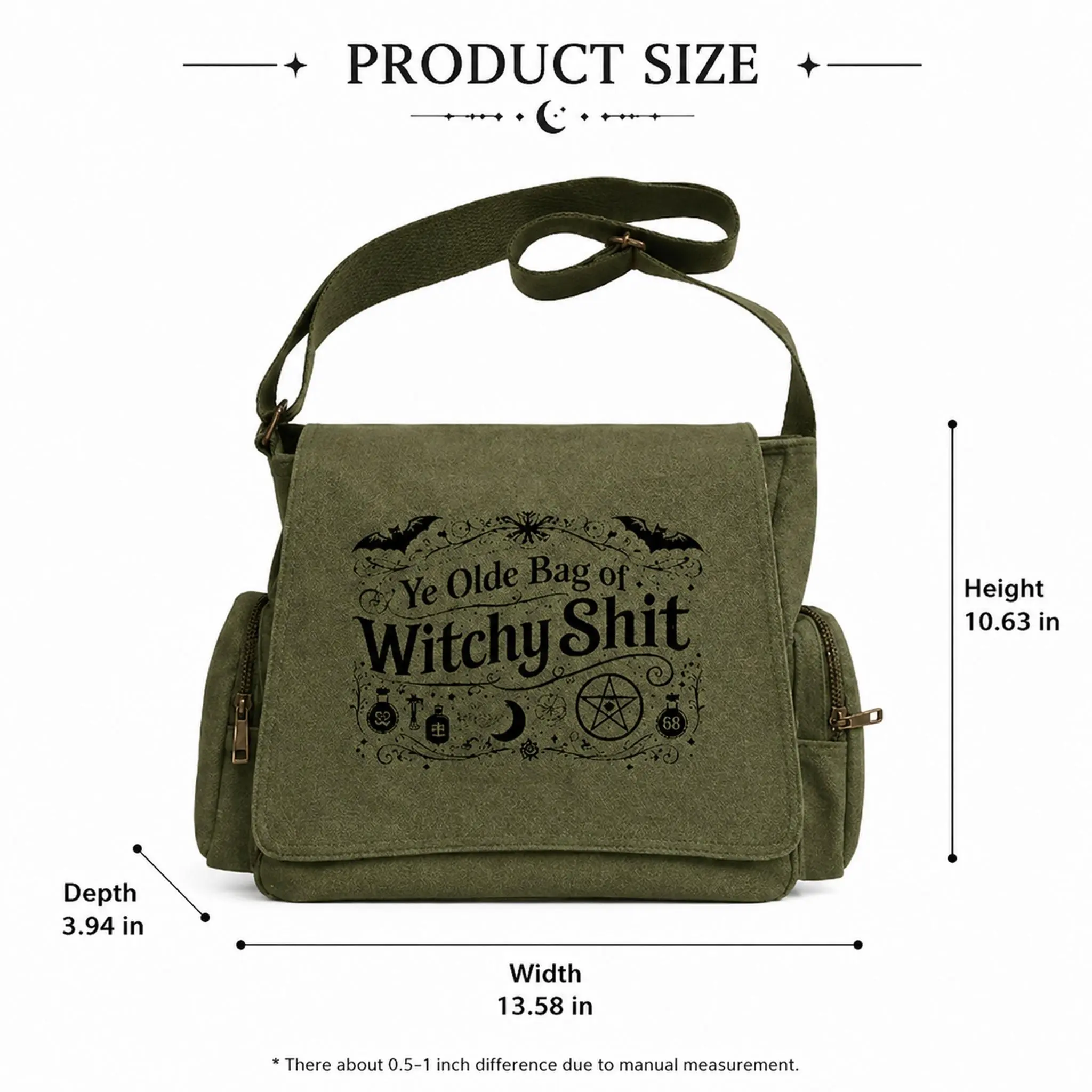 Women's Witch-Themed High-Capacity Canvas Crossbody Bag - Witchy Stuff, Adjustable Strap, Zip Clamshell Vintage Design, Bats Pentagrams Moons Wands Symbols, Art Print, iPad-Fit, Cute Gift, Accessories for Women