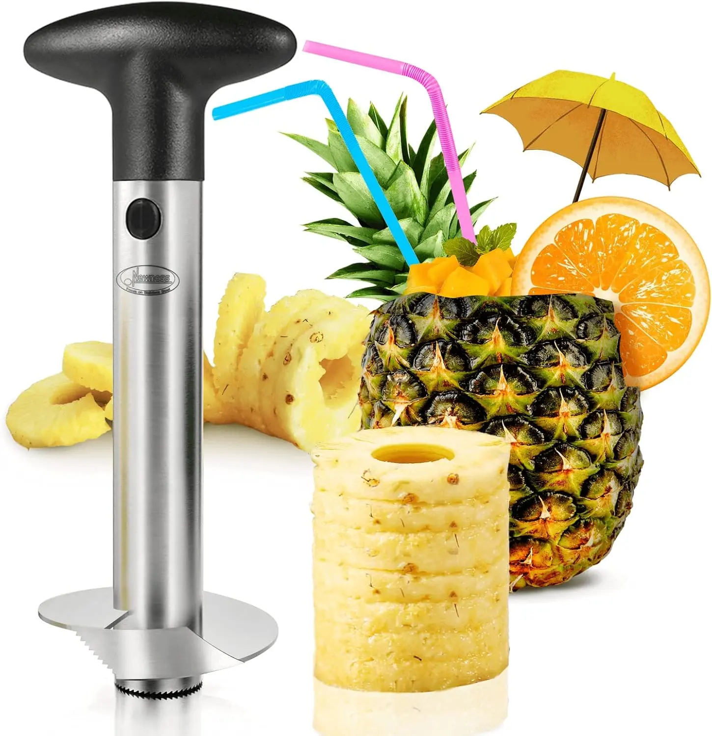 Stainless Steel Kitchen Pineapple Corer and Slicer - Heavy-Duty Fruit Utensil with Sharp Reinforced Blade, Ergonomic Handle and Eye Removal Function - Black