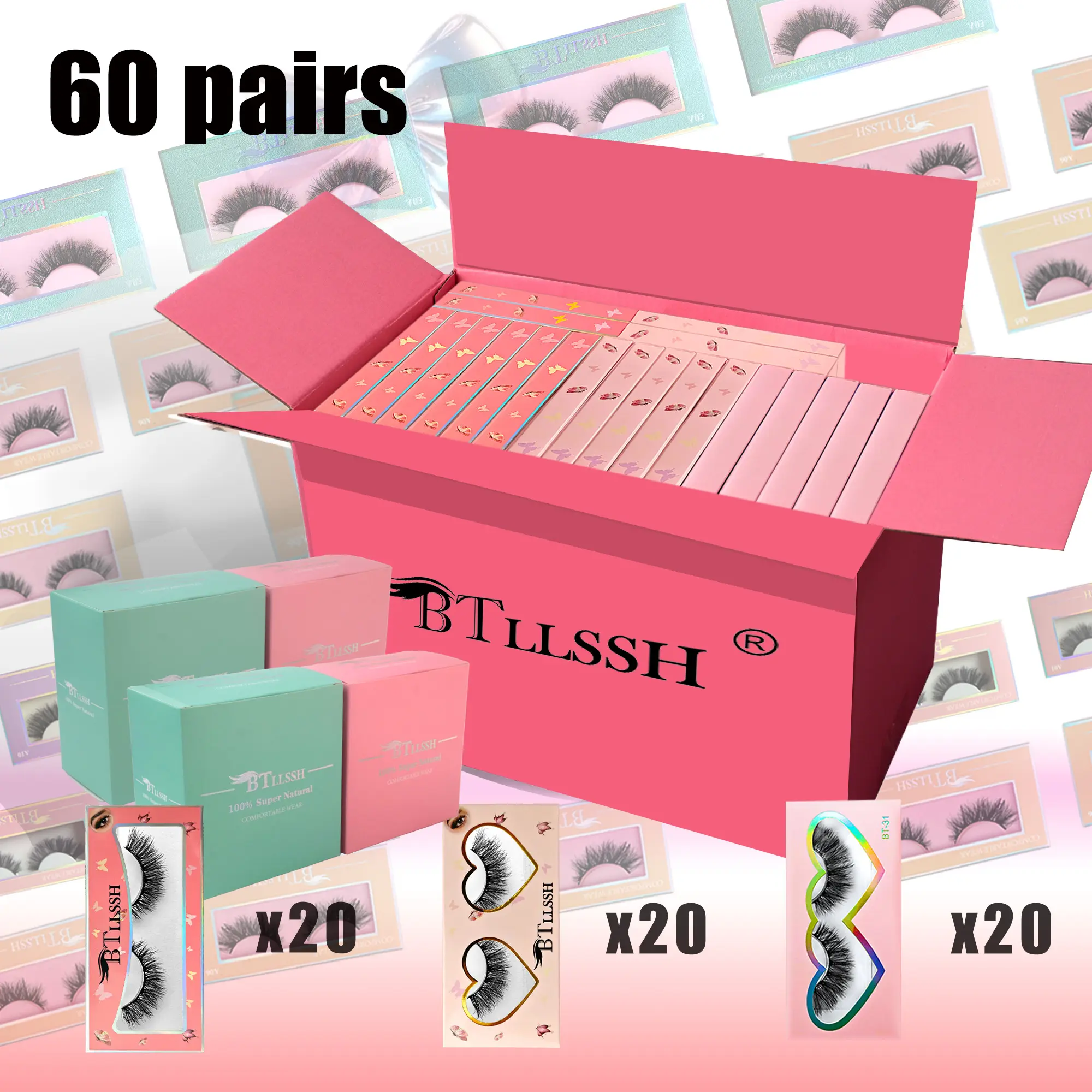 60 Pairs False Eyelashes Russian Strip Lashes D Curl Wispy Natural Look 16mm Curly Faux Mink Lashes Like Eyelash Extension Cat Eye Look Fake Tail Elongated Eyelashes Pack Cosmetic Makeup lash strips,sunscreen
