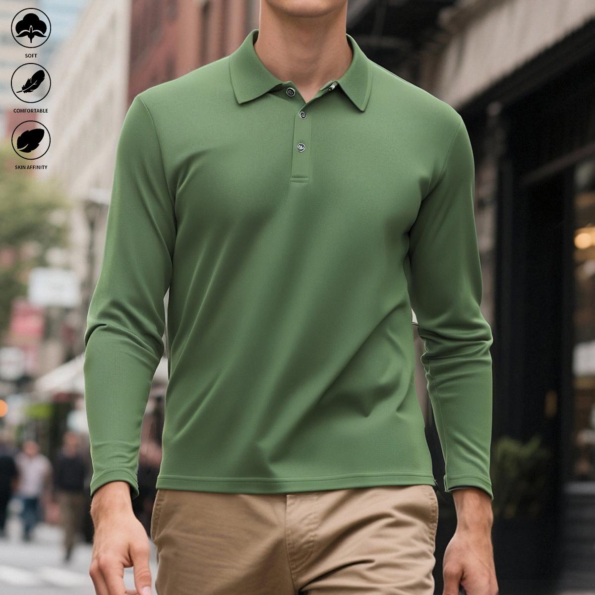 5PCS Men’s Soft Long Sleeve Polos – Solid Design & Skin-Affinity, Comfortable Fabric, TikTok Popular, Ideal for Casual Fall Outfits & Gifts for Him collar cuff design everyday commute