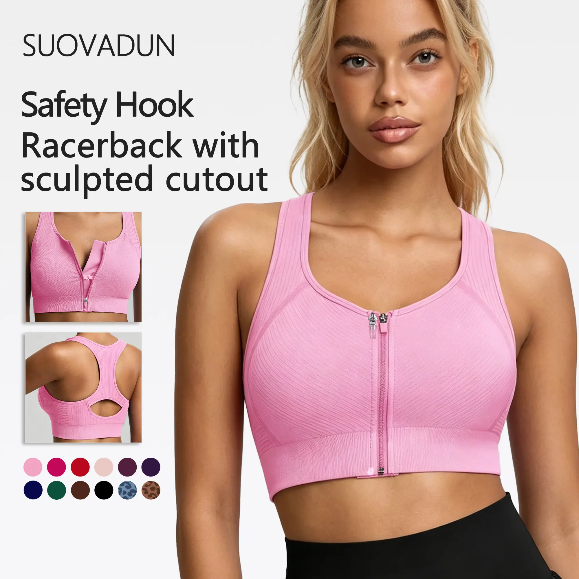SUOVADUN Women’s Front-Zip Seamless Racerback Sports Bra - Workout Wear with Sewn-In Pads, Wide Straps, Medium Support for Running, Yoga | Front Zipper | Live Stream Discount,back to school,back to school haul