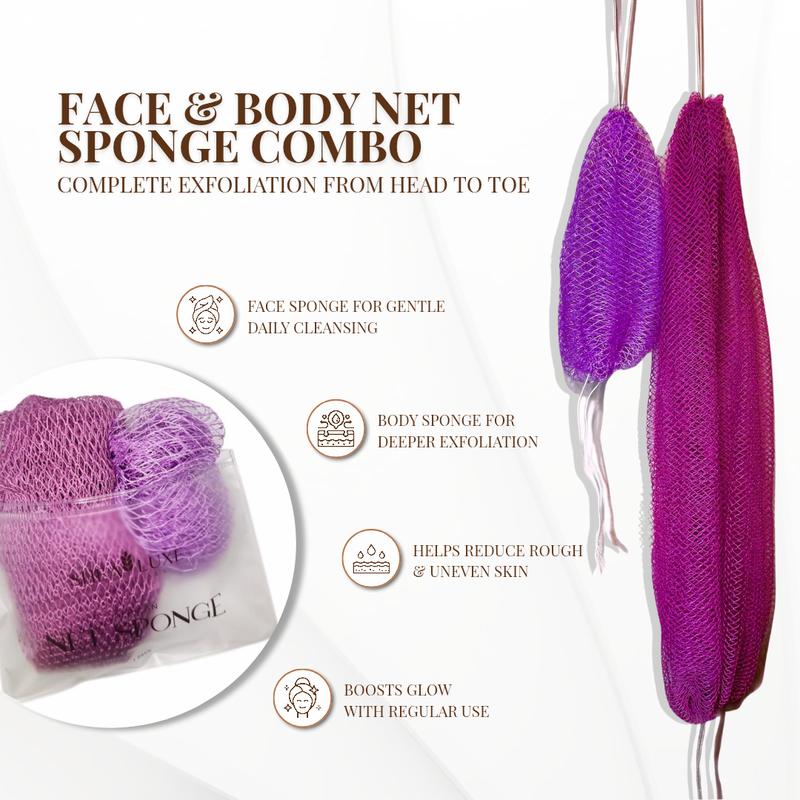 Face & Body African Exfoliating Net Sponge Duo -Mini Face + Full-Length Body Sponge (2-pack)