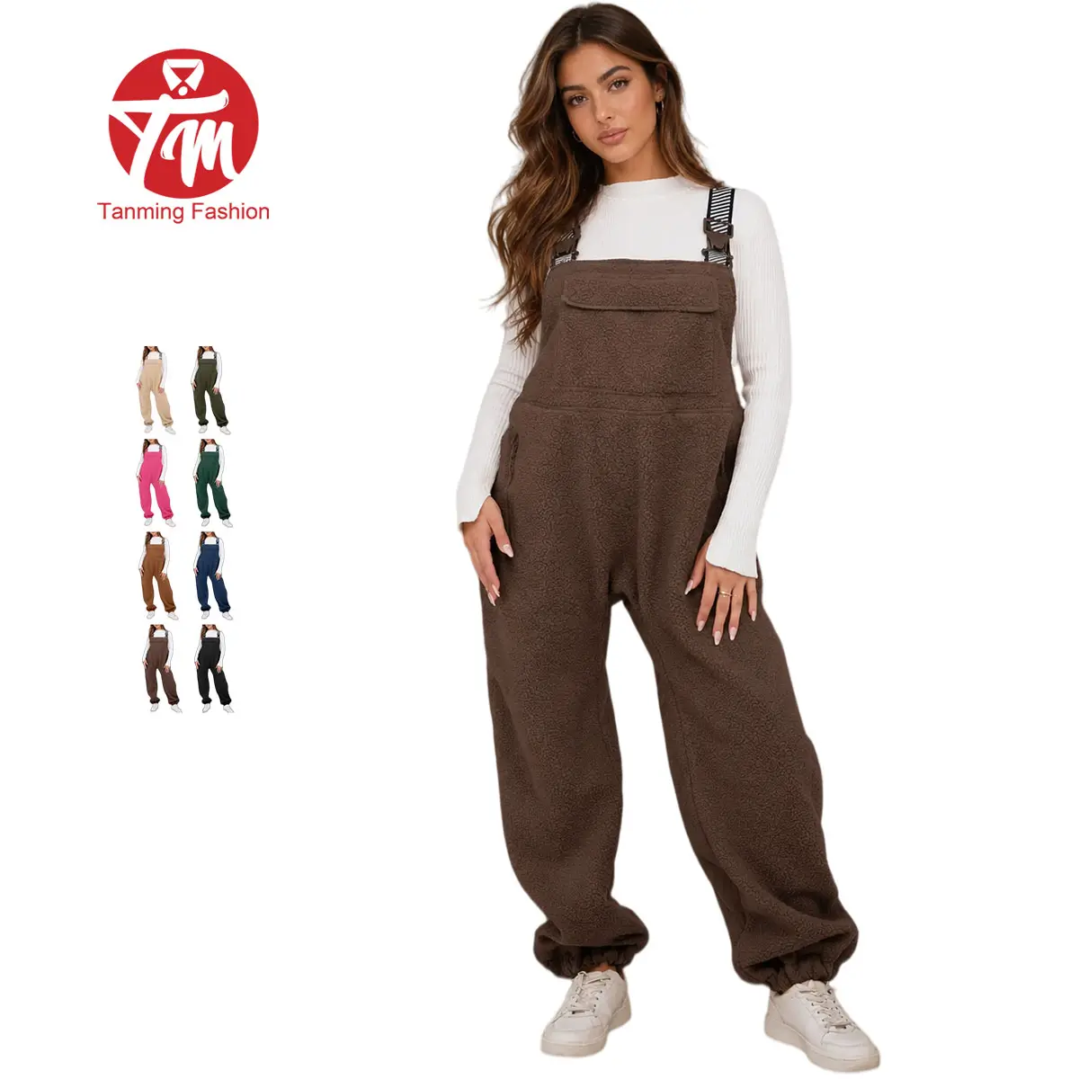 Tanming Women's Warm Sherpa Fleece Overalls - Casual Loose Winter Bib Jumpsuit with Adjustable Straps, Zipper Compartments, Front Pouch Pocket (with Pockets Jumpsuits & Rompers)