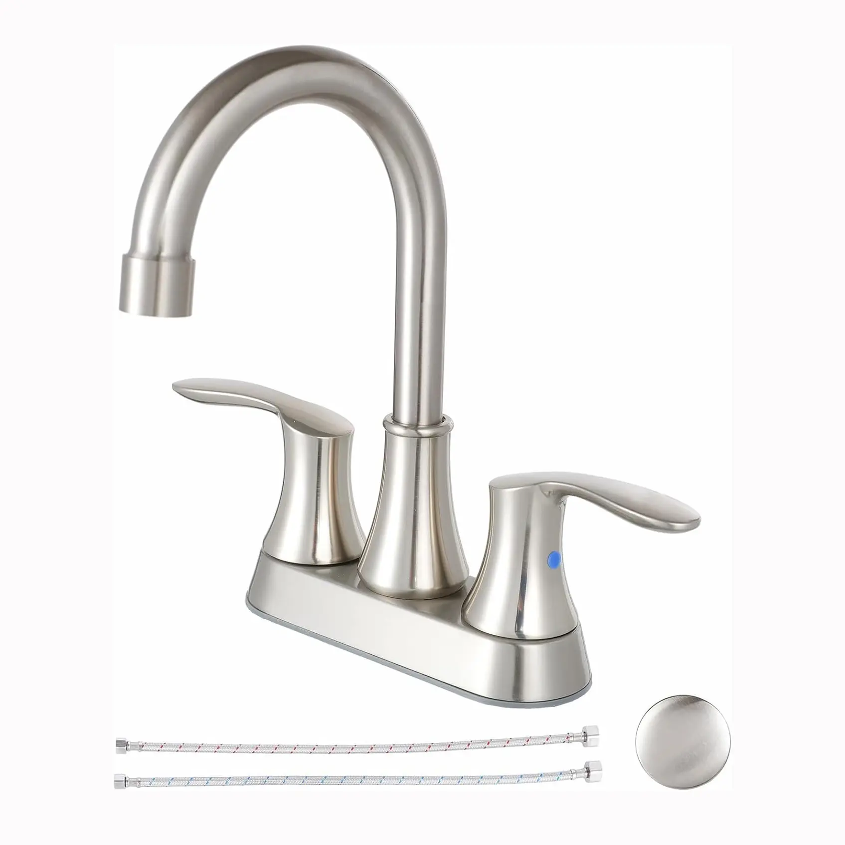 4 Inch Centerset Bathroom Faucet, Brushed Nickel Bathroom Faucets for Sink 3 Hole, Lead-Free 2 Handle RV Bath Vanity Faucet with Pop-up Drain and Supply Lines