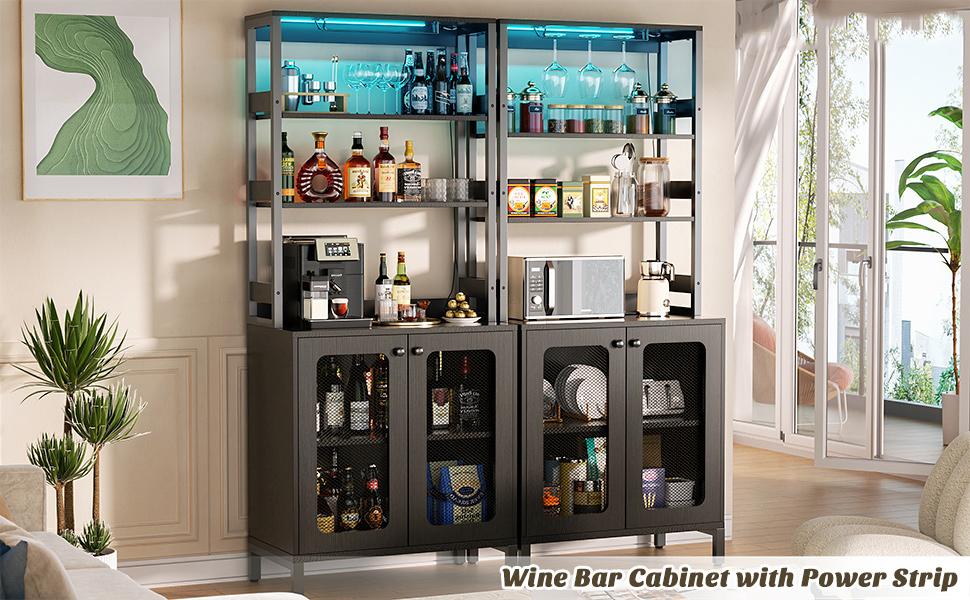 67" Tall Modern Wine Bar Cabinet with RGB LED Lights & Charging Station, Home Buffet Sideboard Cabinet Kitchen Pantry Cabinet with Hutch＆Glass Holder