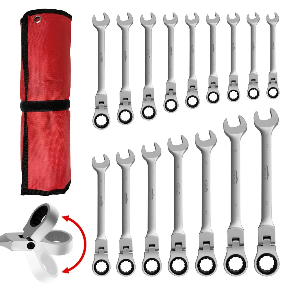 16PCS Flex-Head Ratcheting Wrench Set - Metric 6-24mm Chrome Vanadium Steel 72-Tooth Swivel Head Flexible Combination Wrench, Work Tools with Rolling Pouch, Ratcheting Wrench Tool, Combination Ratchet Wrenches