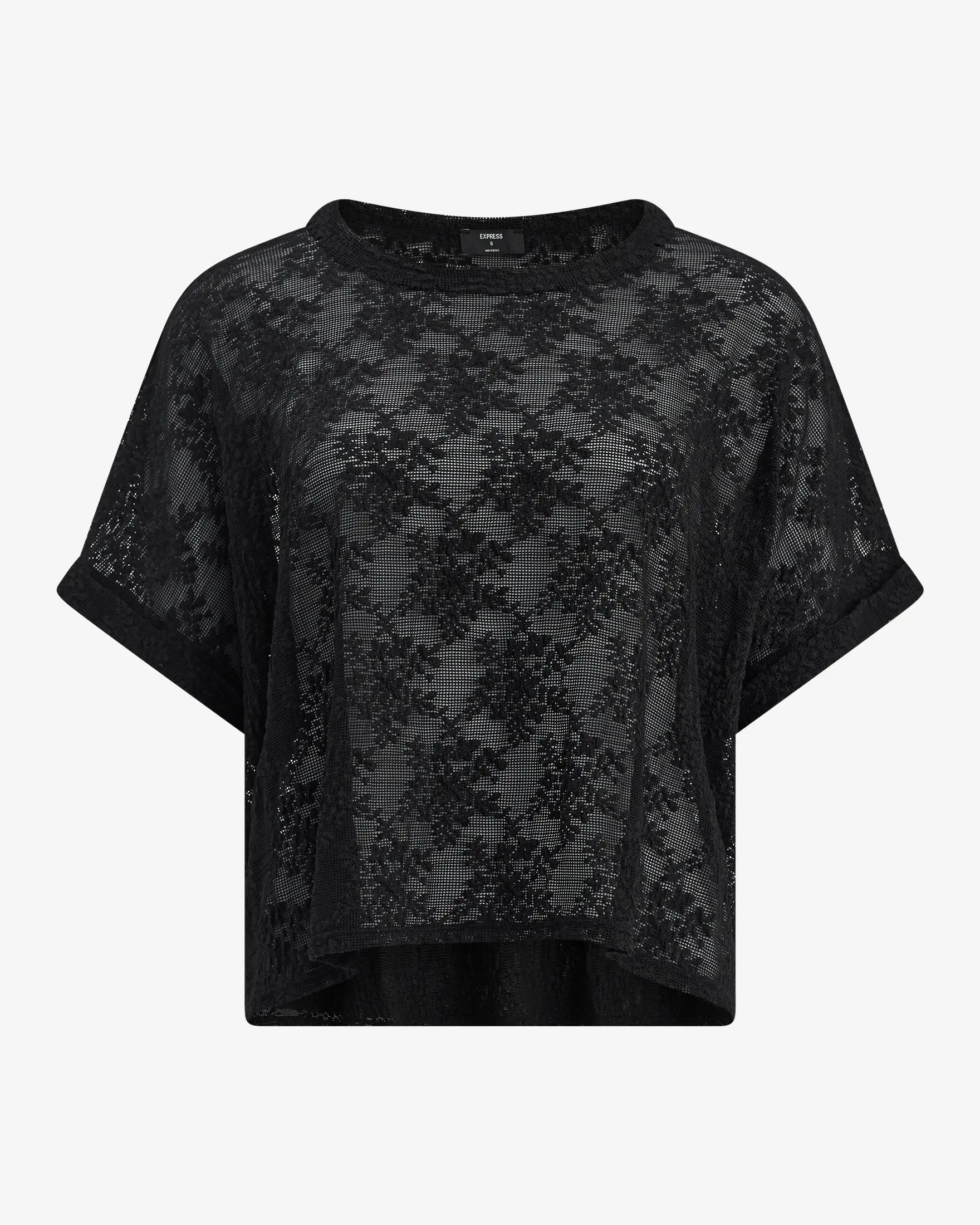 Express Women's All-Over Lace Top, Oversized Shortsleeve Crewneck with a Sheer Texture for Everyday Wear and Evening, Fit, Nylon, Oversized Fit, Spandex, Basic, Lace Overlay, Black Lace Accents Women's T-Shirts