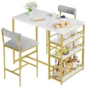 3 Piece Modern Bar Table Set for 2, Space Saving Counter Height Dining Table with Storage Shelves & Upholstered Chairs, Dining Room Furniture for Breakfast Nook Kitchen, Gold
