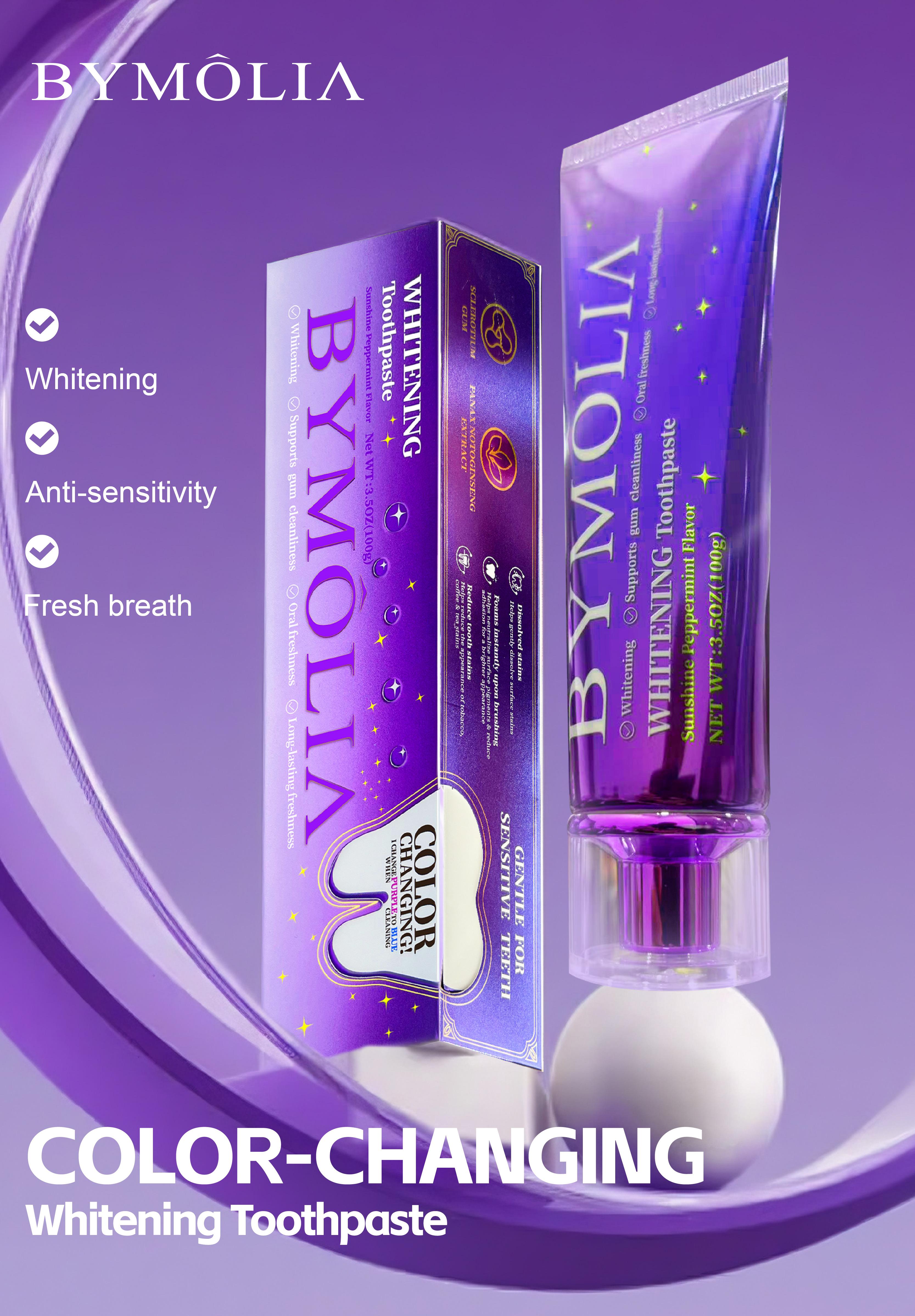 BYMOLIA Whitening Toothpaste Gentle Purple Formula - Fluoride-Free Enamel Repair - Anti-Plaque Oral Care - Color Corrector for Coffee & Tea Stains - Mint Flavor for Long-Lasting Fresh Breath