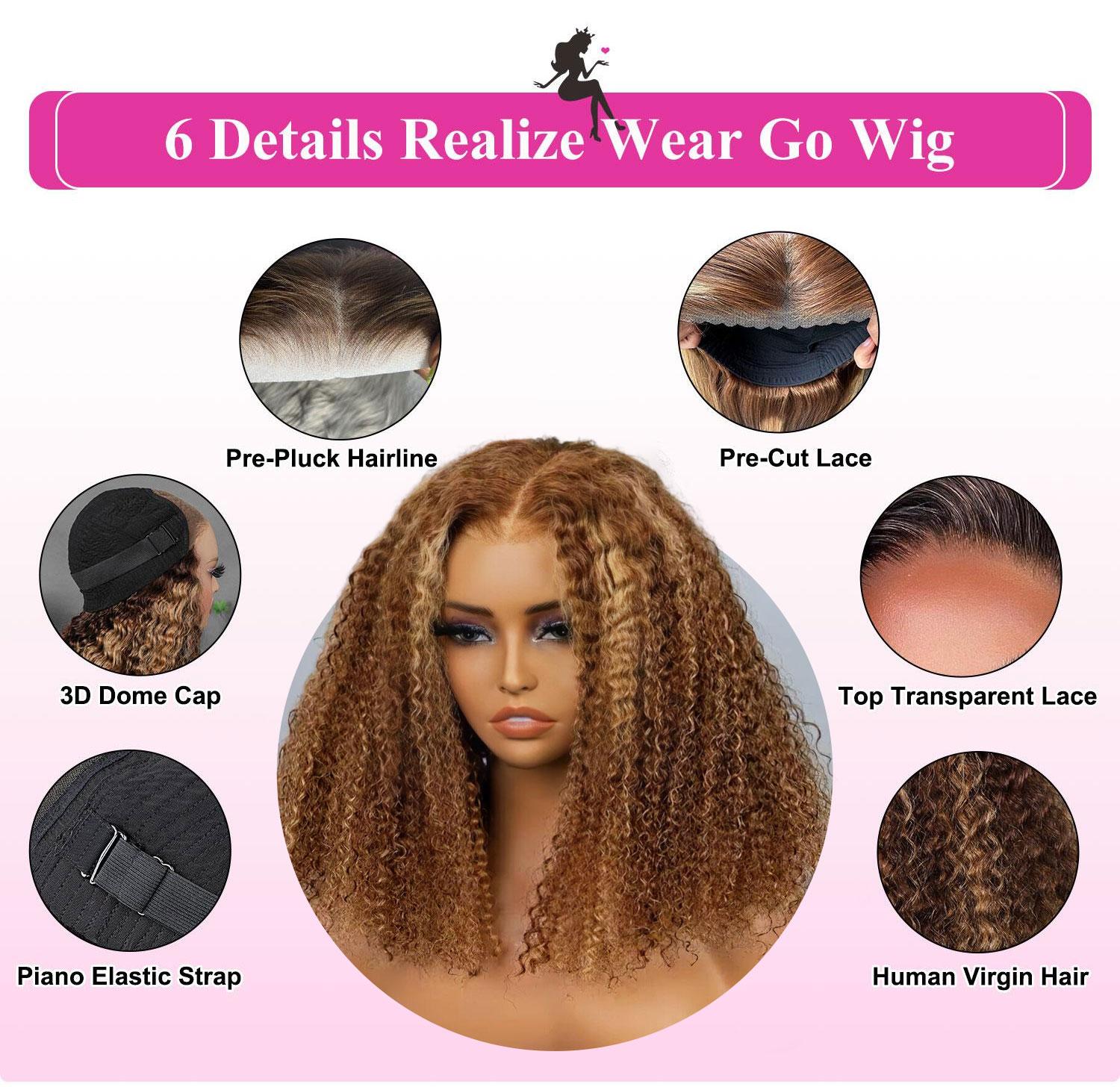 [New In] Kinky Curly Highlight Brown 7*5 Wear Go Wig Pre Plucked Hairline Pre Cut Lace Closure Glueless Wig Human Hair Colored Wig Fashion Fall Wigs TikTokShopBlackFriday