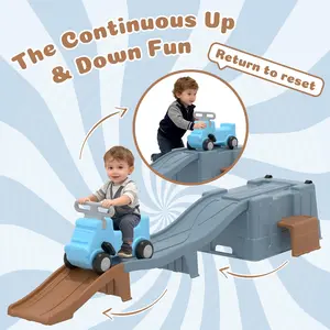 Gray Brown Up & Down Roller Coaster，Kids Ride On Toy，Toddler Push Car with Assembled Race Track & Storage Base Box, Indoor Outdoor Playset