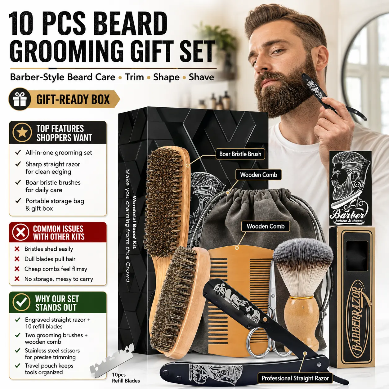 Men's Beard Grooming Kit - Complete Set Pack with Comprehensive Grooming Tools, Brush, Comb, Scissors, Razor, Shaving Brush, Travel Bag, Multiple Pieces for Male Facial Hair, Unscented