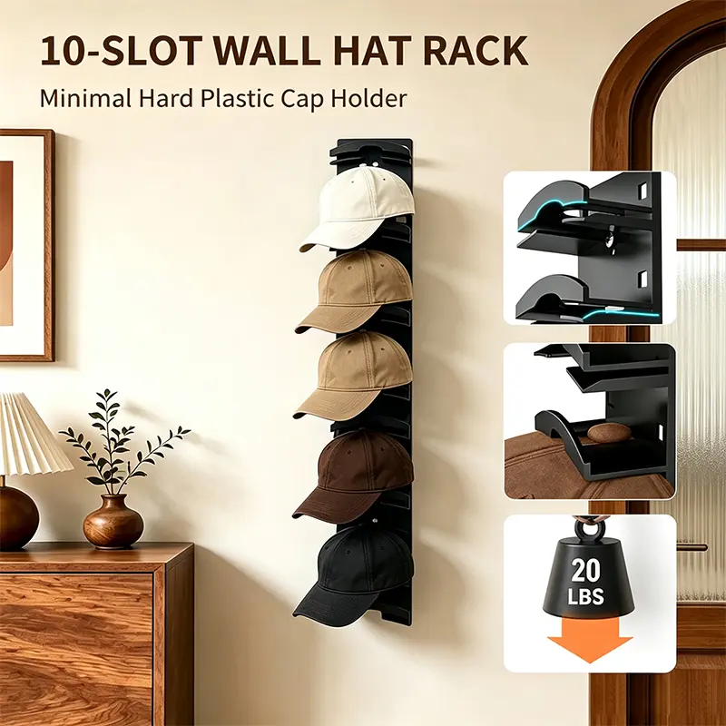 10-Slot Hard Plastic Wall-Mounted Hat Rack Shelf - Stylish Display, Vertical Storage Decor, Space-Saving Baseball Cap Organizer for Closet, Bedroom Home Organizer