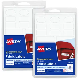 Avery No-Iron Fabric Labels, Assorted Shapes and Sizes, Washer and Dryer-Safe, White, Non-Printable, 45 Labels Per Pack, 90 Blank Labels Total (2-Pack of 40700)